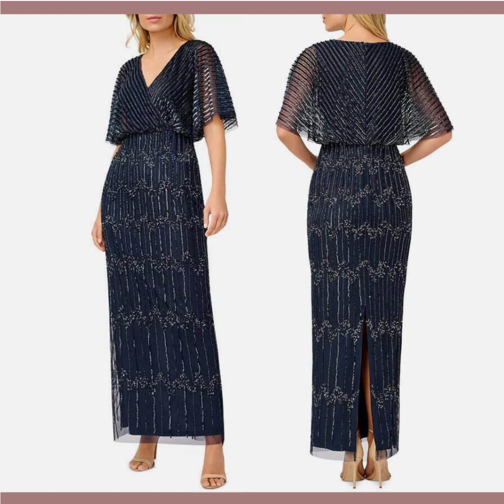 NWT $329 Adrianna Papell [ 0 ] Embellished Flutter Sleeve Gown in Navy Blue Q519